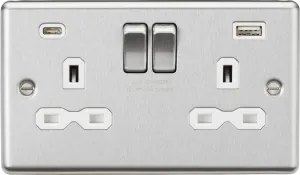 Knightsbridge CL9940BCW Rounded Edge 13A 2G SP Switched Socket   2xUSB A C (5V DC 4.0A Shared) - Brushed Chrome   White Insert