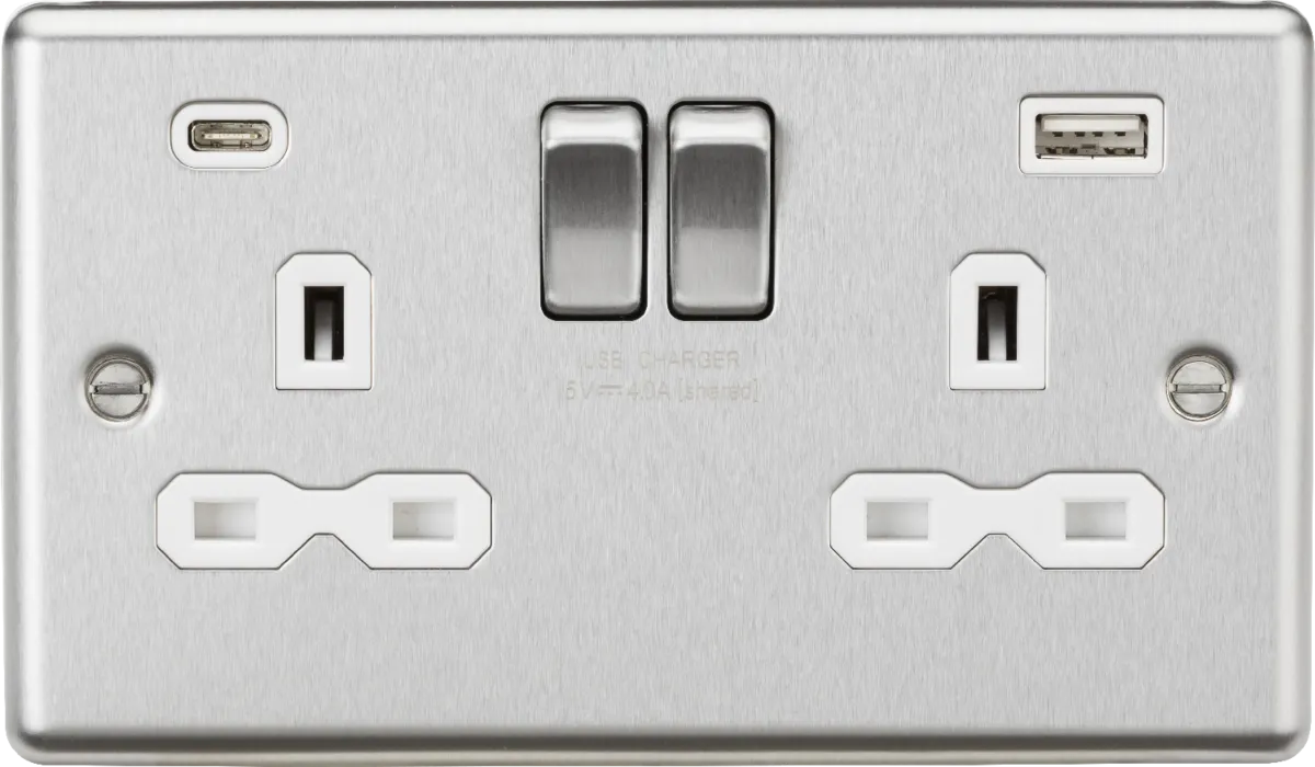 Knightsbridge CL9940BCW Rounded Edge 13A 2G SP Switched Socket   2xUSB A C (5V DC 4.0A Shared) - Brushed Chrome   White Insert