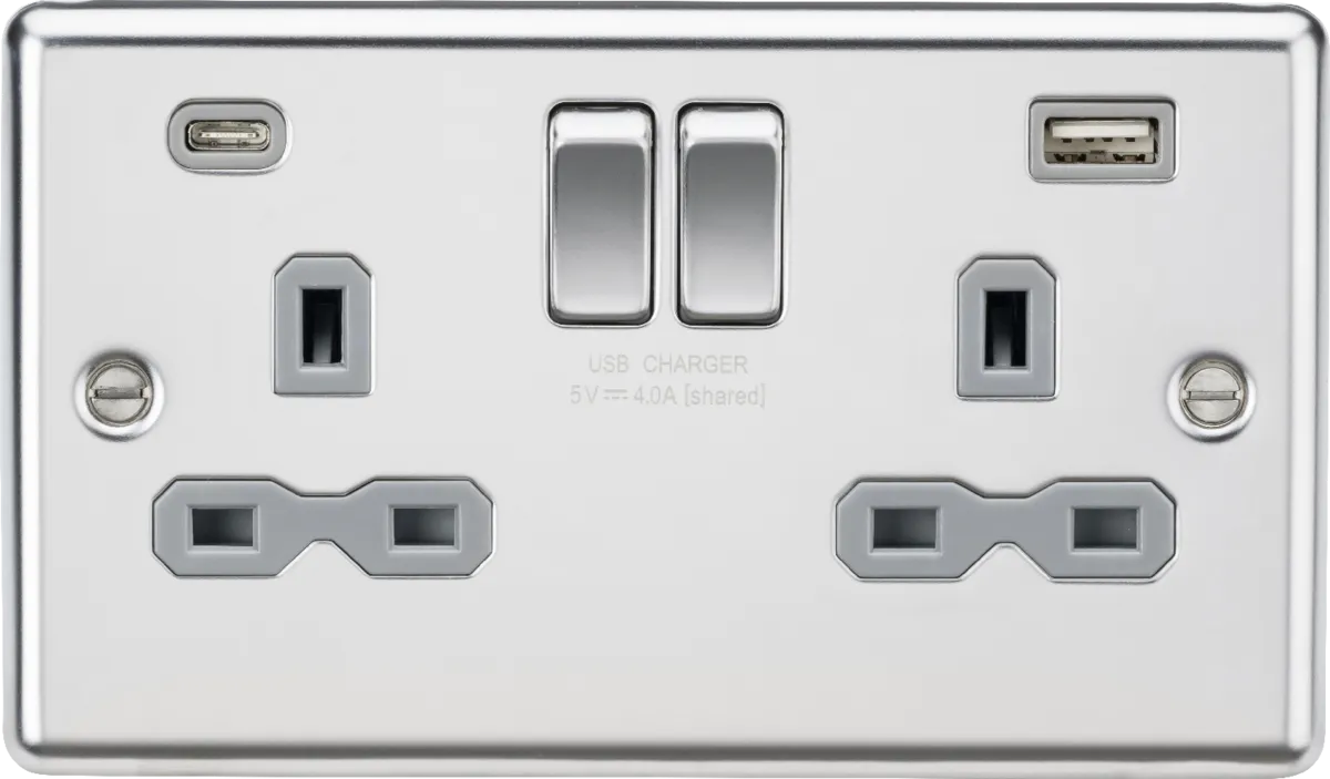 Knightsbridge CL9940PCG Rounded Edge 13A 2G SP Switched Socket   2xUSB A C (5V DC 4.0A Shared) - Polished Chrome   Grey Insert