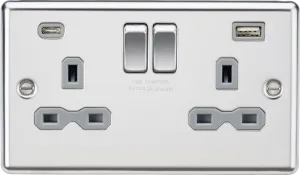 Knightsbridge CL9940PCG Rounded Edge 13A 2G SP Switched Socket   2xUSB A C (5V DC 4.0A Shared) - Polished Chrome   Grey Insert