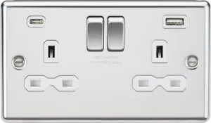 Knightsbridge CL9940PCW Rounded Edge 13A 2G SP Switched Socket   2xUSB A C (5V DC 4.0A Shared) - Polished Chrome   White Insert