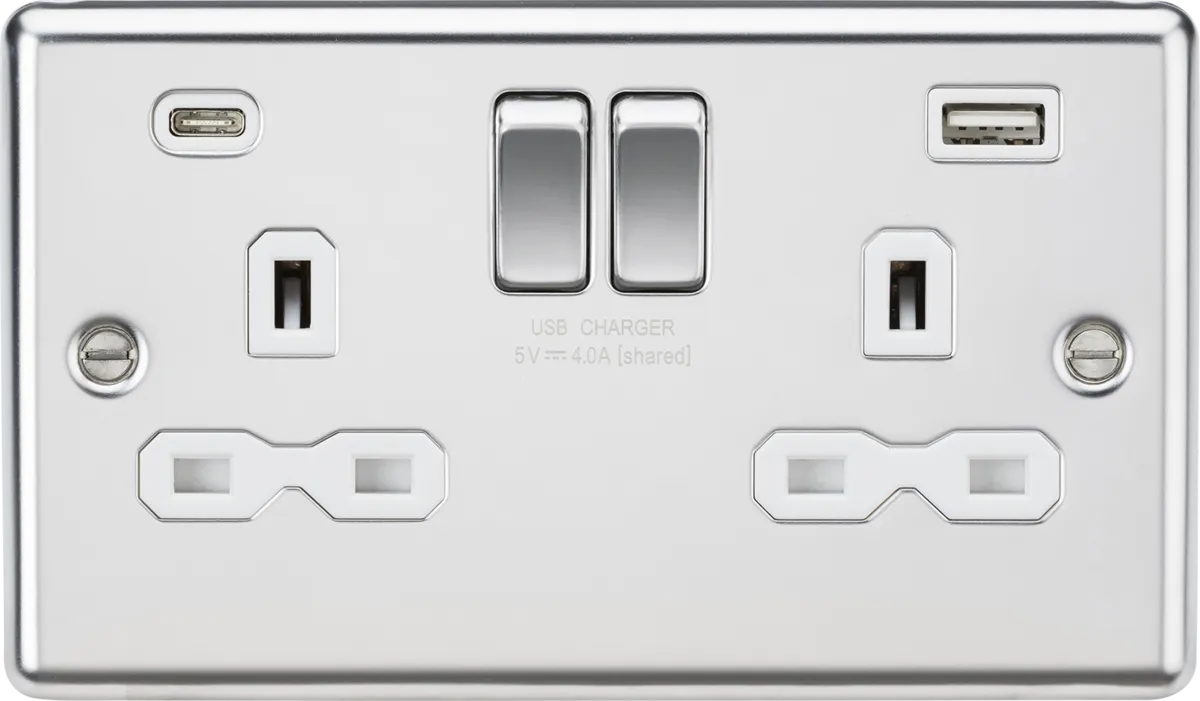 Knightsbridge CL9940PCW Rounded Edge 13A 2G SP Switched Socket   2xUSB A C (5V DC 4.0A Shared) - Polished Chrome   White Insert