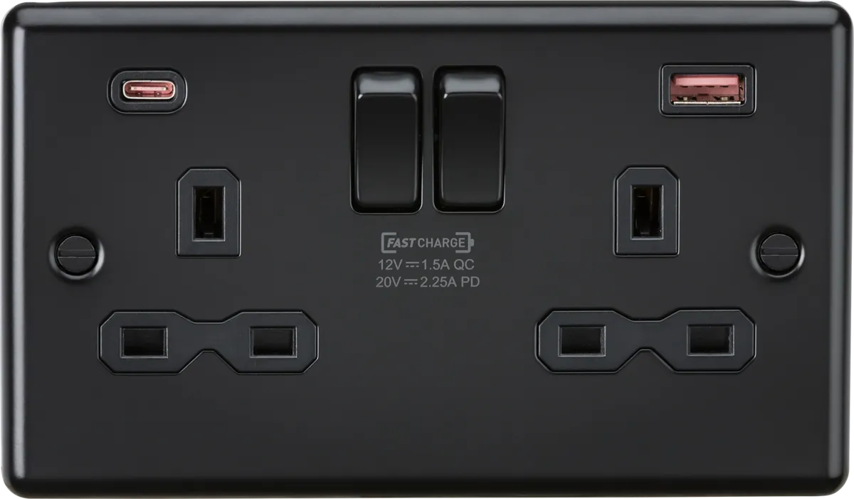 Knightsbridge CL9945MBB Rounded Edge 13A 2G DP Switched Socket  2x USB A C (45W FASTCHARGE) - Matt Black