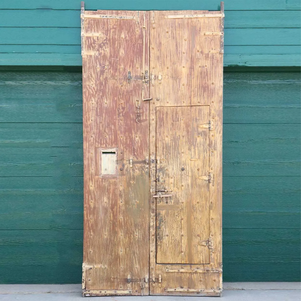Large Indo-Portuguese Painted Teak and Iron Nailhead (Clavos) Double Door