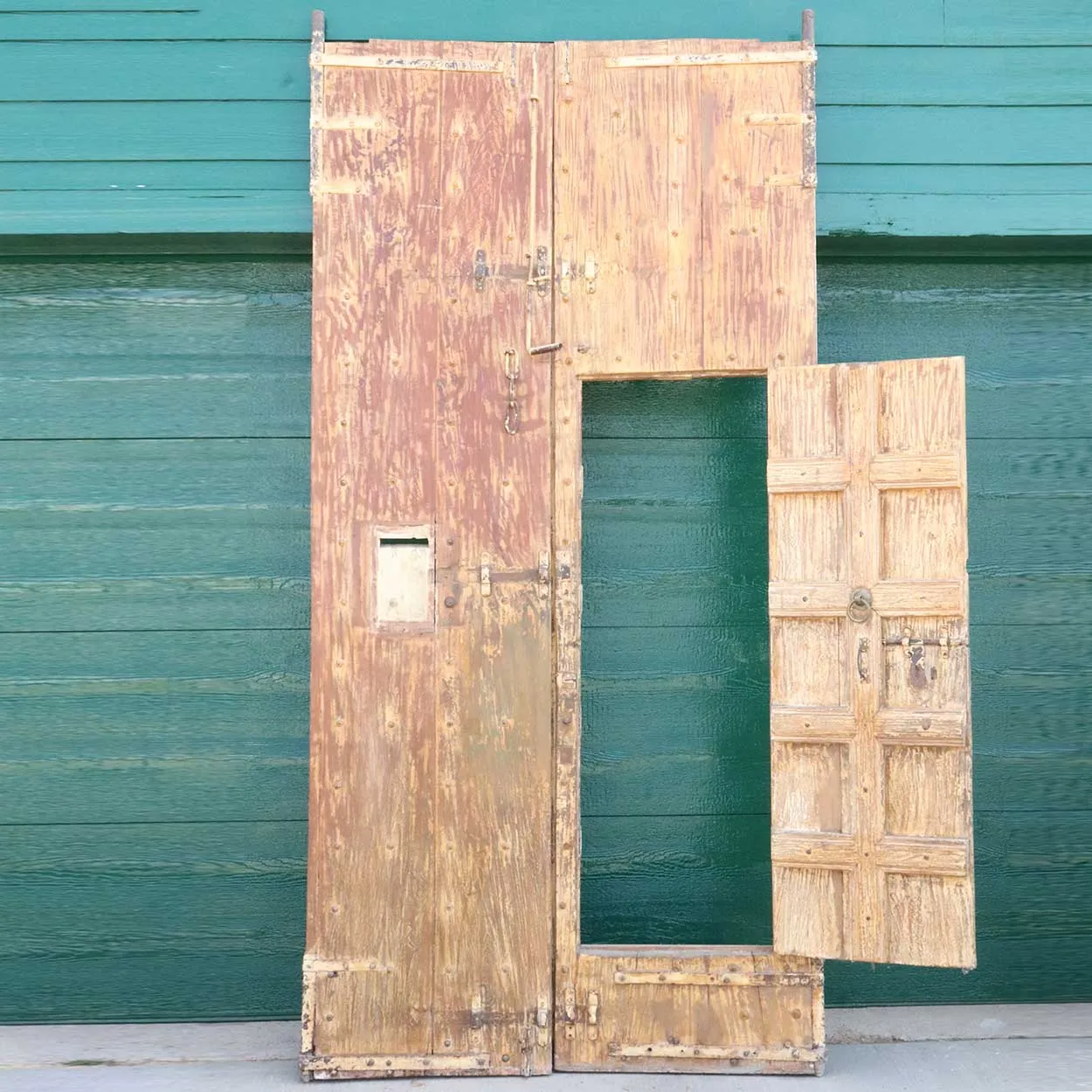Large Indo-Portuguese Painted Teak and Iron Nailhead (Clavos) Double Door