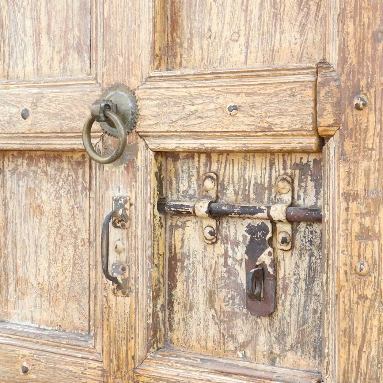 Large Indo-Portuguese Painted Teak and Iron Nailhead (Clavos) Double Door