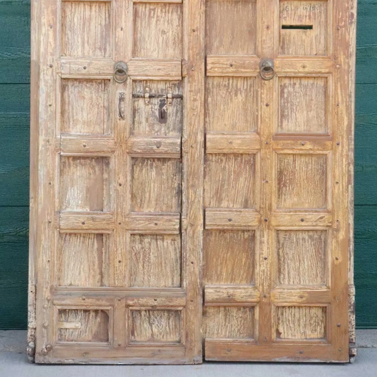 Large Indo-Portuguese Painted Teak and Iron Nailhead (Clavos) Double Door