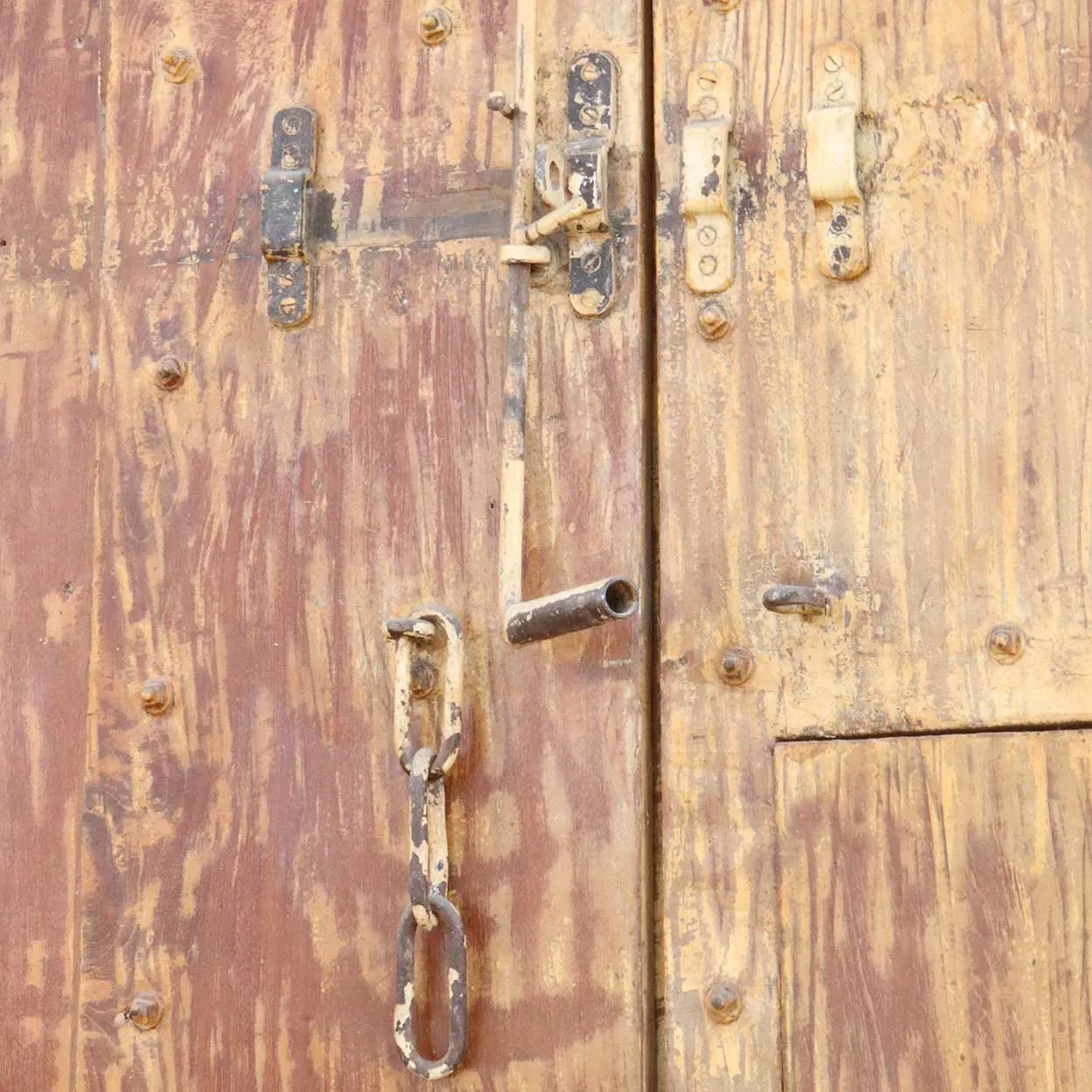 Large Indo-Portuguese Painted Teak and Iron Nailhead (Clavos) Double Door