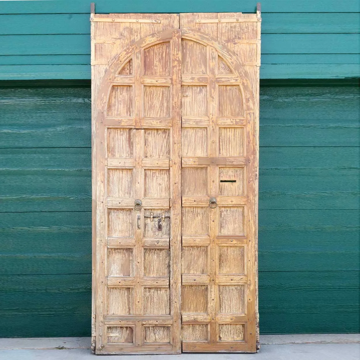 Large Indo-Portuguese Painted Teak and Iron Nailhead (Clavos) Double Door
