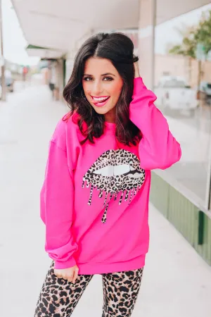 Leopard Drippy Lip Sweatshirt - Pink