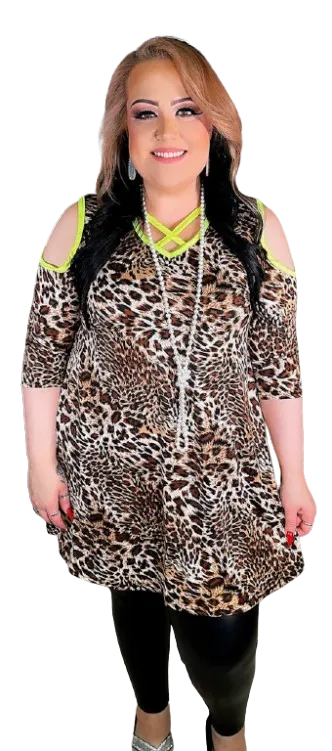 Leopard Flutter Tunic  with Neon Yellow Criss Cross Neck & Cold Shoulders