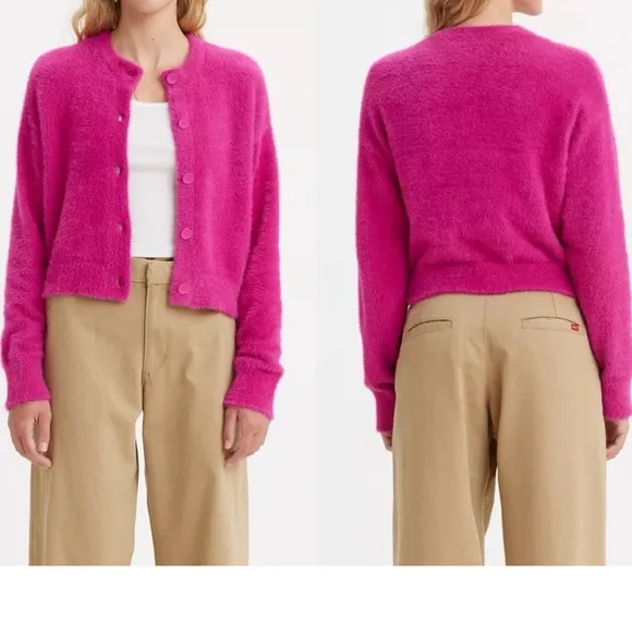 Levi’s XLarge Sweater Cat Cardigan in Festival Fuschia Pink fuzzy soft NWT