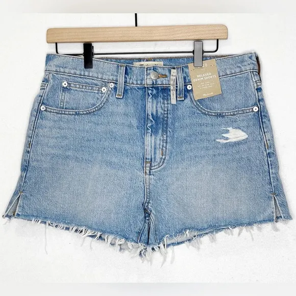 Madewell Relaxed Denim Shorts Madera Wash 28 Blue Side Slits Distressed Raw Hem