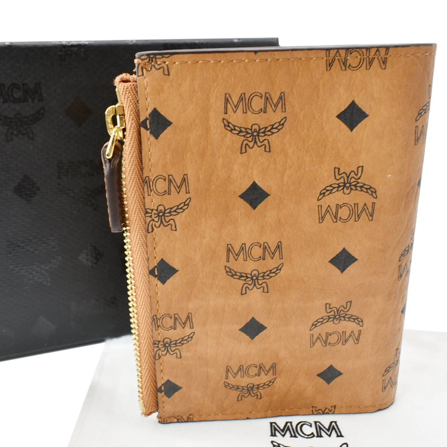 MCM Bifold Visetos Leather Zip Card Wallet Cognac