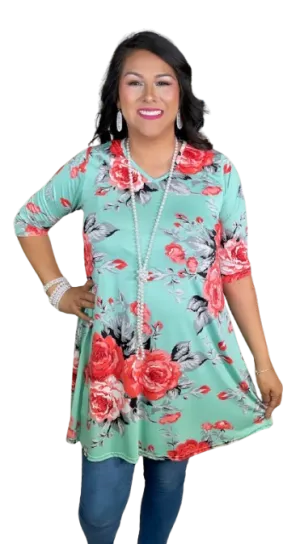 medium: Mint Flutter Tunic with coral floral print
