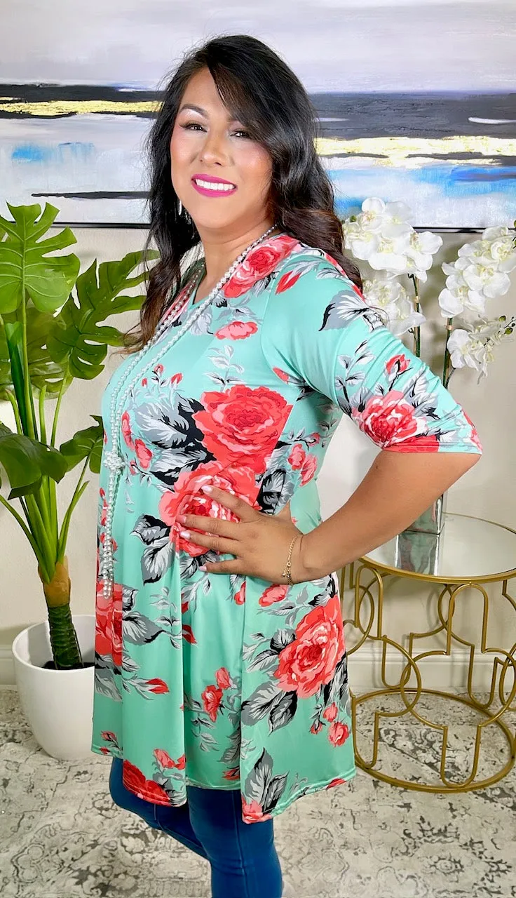 medium: Mint Flutter Tunic with coral floral print