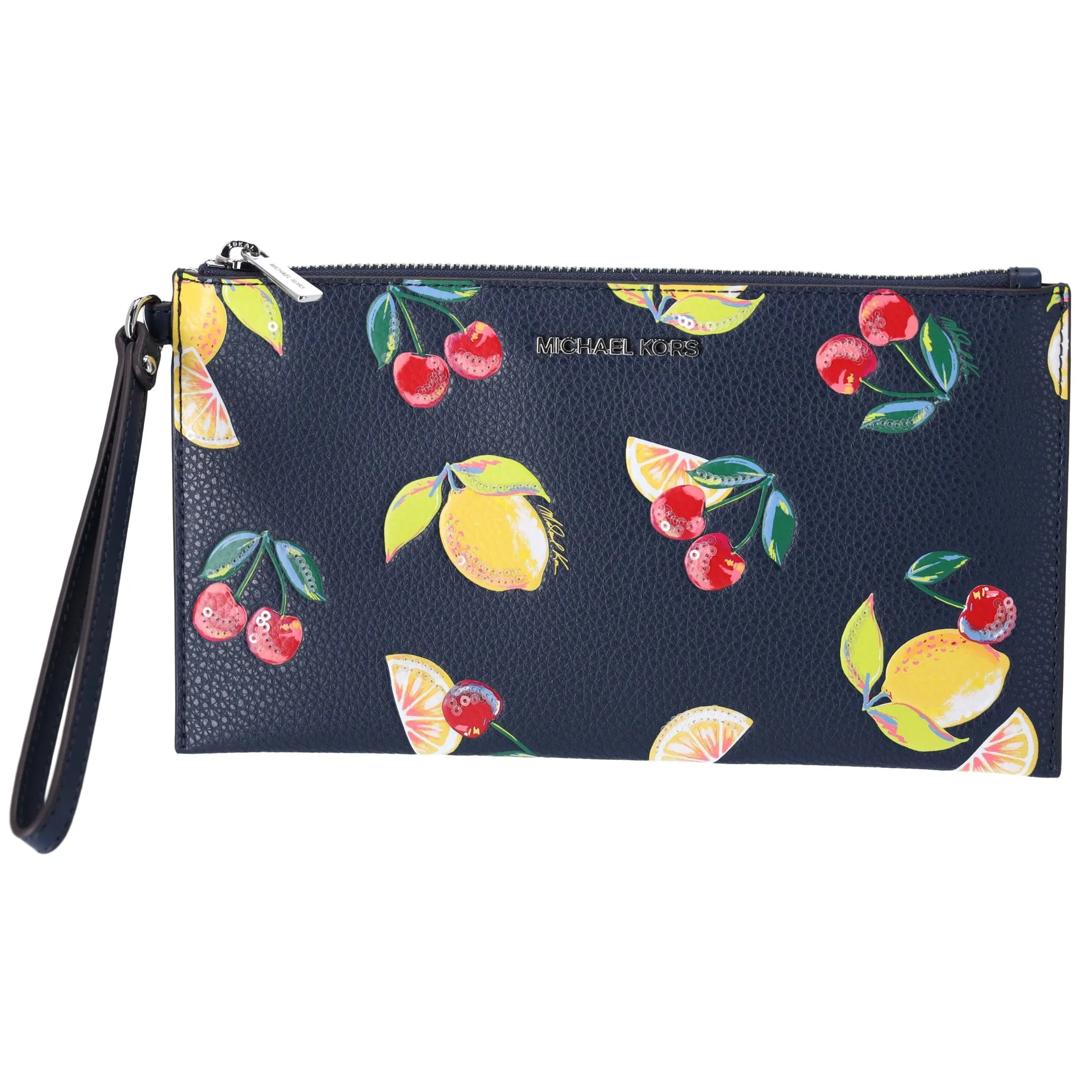 Michael Kors Jet Set Travel Large Top Zip Wristlet Clutch Navy Fruit Handbag