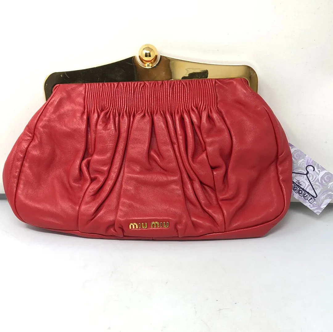 Miu Miu Red Leather Clutch with Gold Hardware and Crossbody Strap