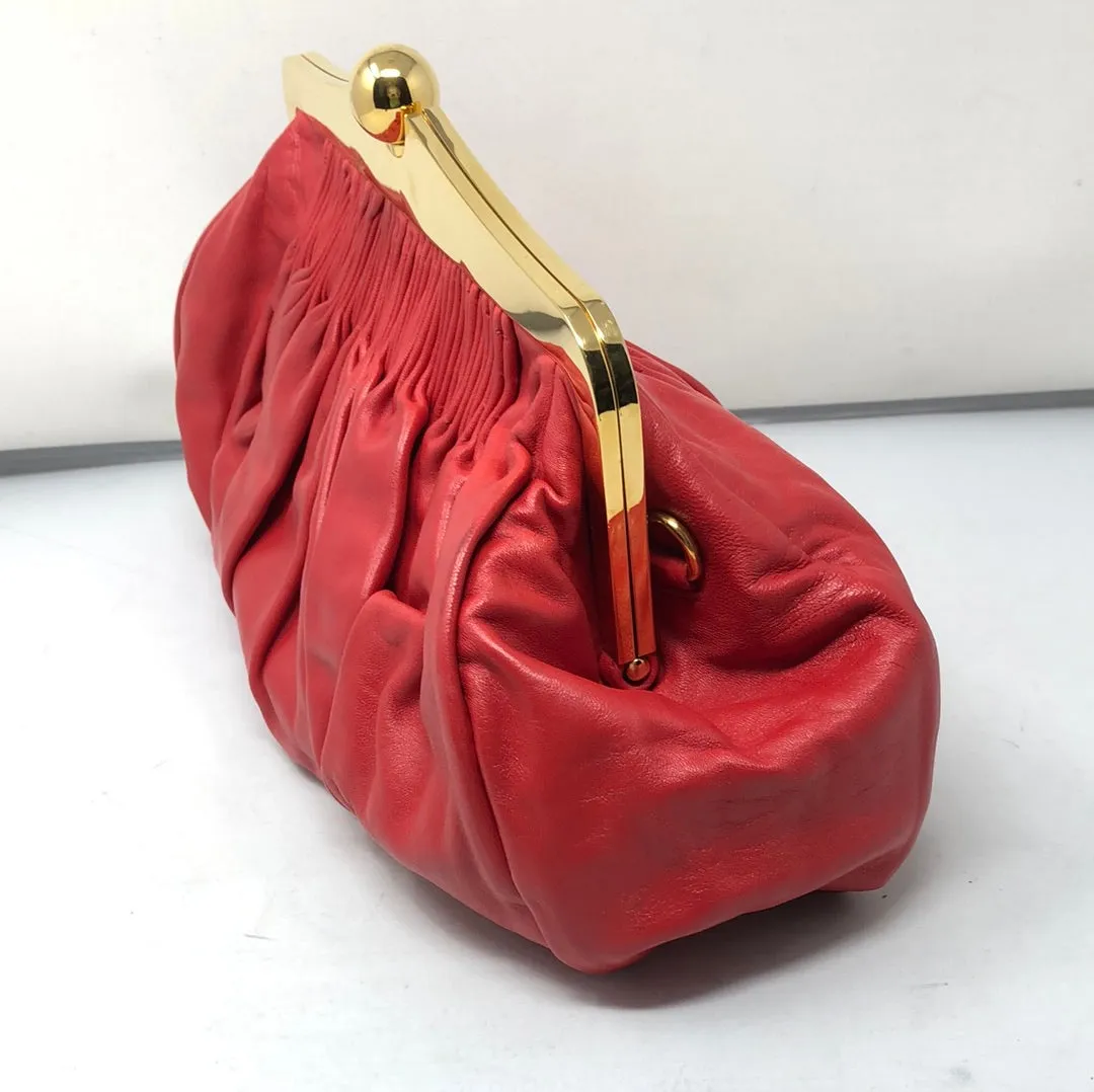 Miu Miu Red Leather Clutch with Gold Hardware and Crossbody Strap