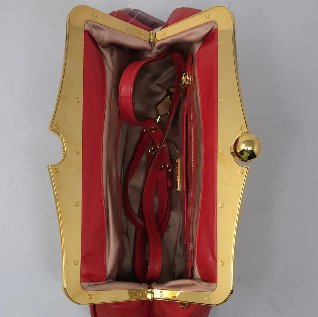 Miu Miu Red Leather Clutch with Gold Hardware and Crossbody Strap