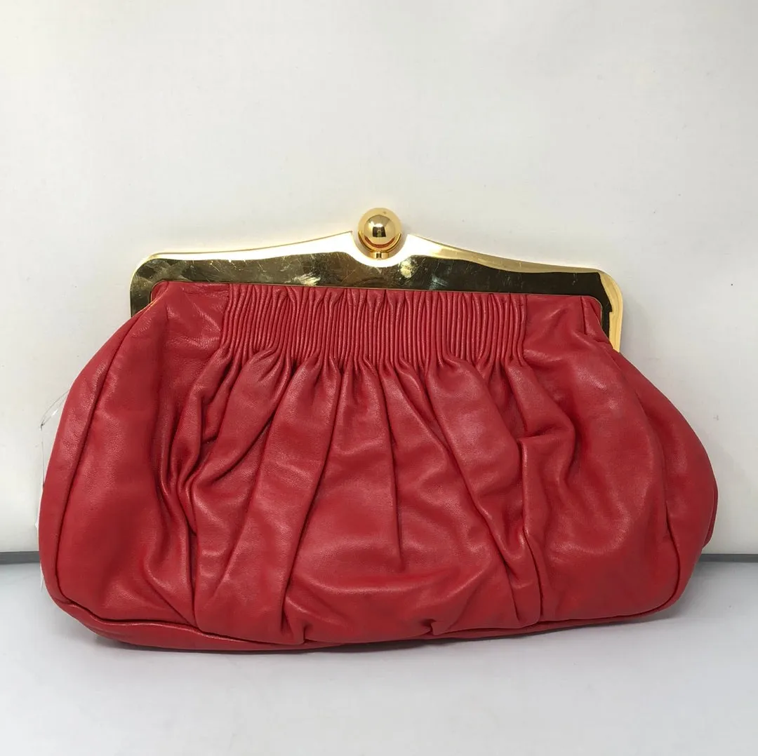 Miu Miu Red Leather Clutch with Gold Hardware and Crossbody Strap