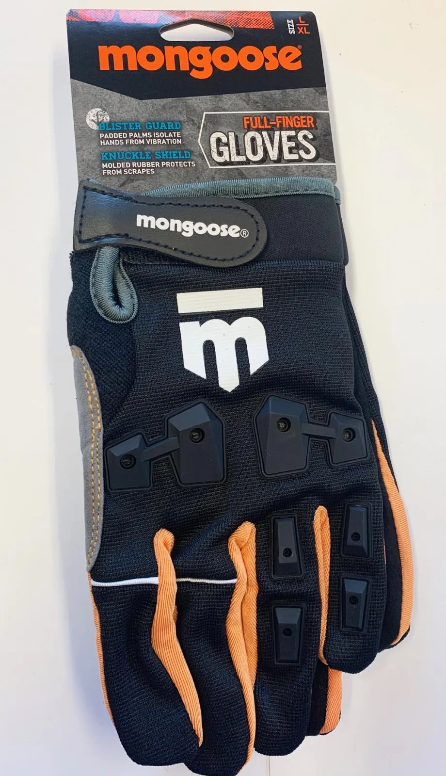 Mongoose L/XL Full Finger Bike Bicycle Padded Gloves Black BMX Mountain New