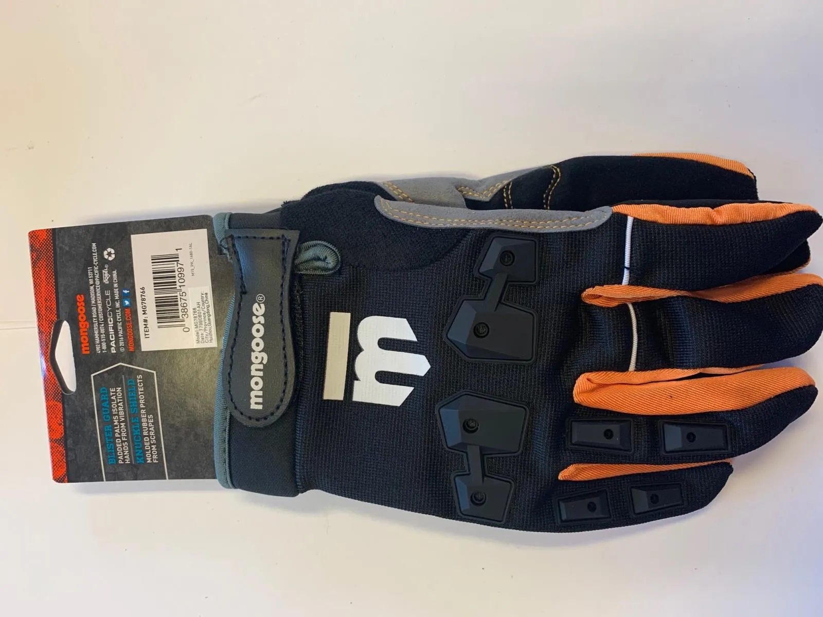 Mongoose L/XL Full Finger Bike Bicycle Padded Gloves Black BMX Mountain New