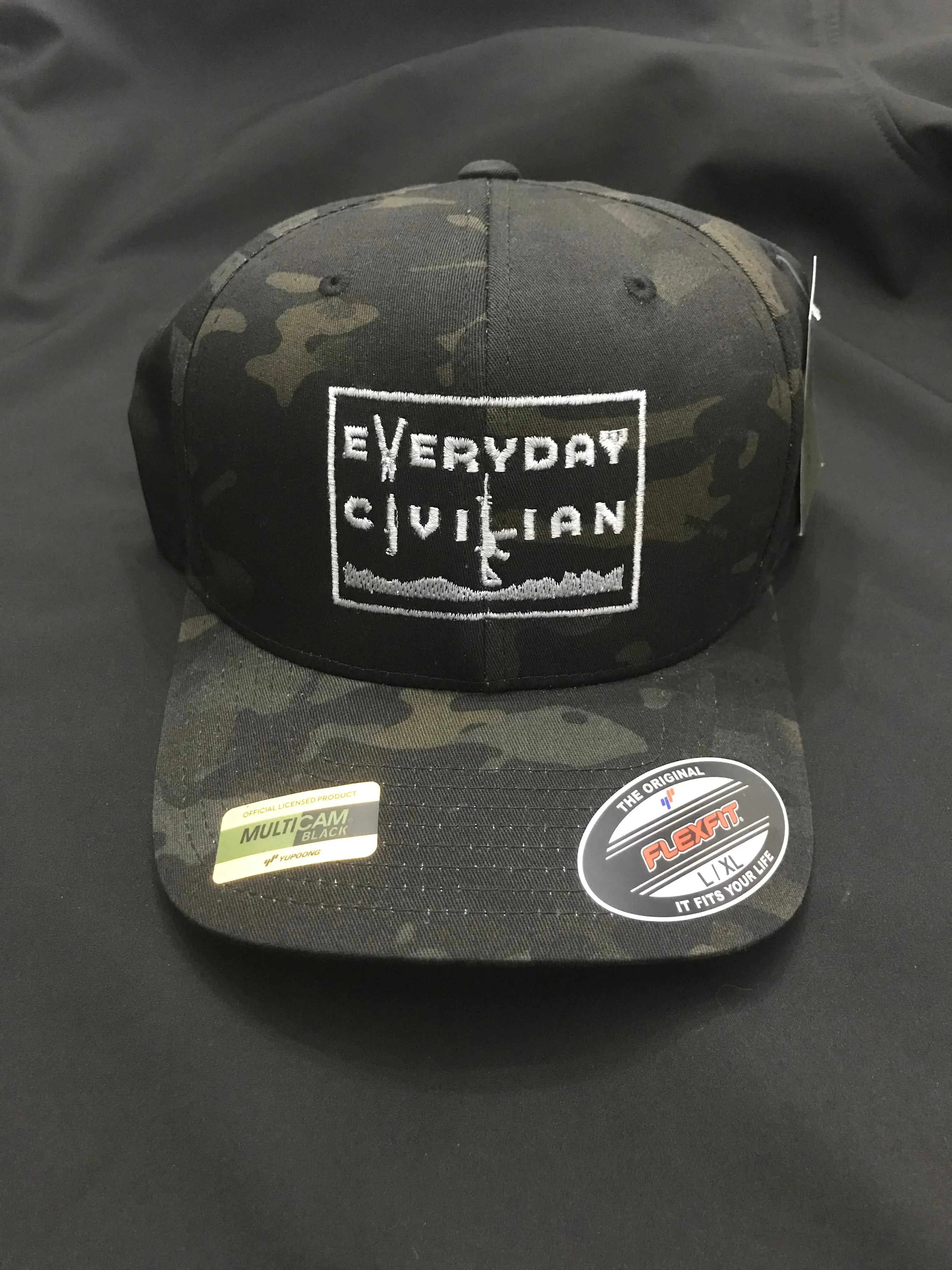 Multicam Black FlexFit L/XL hat with grey EveryDayCivilian Logo