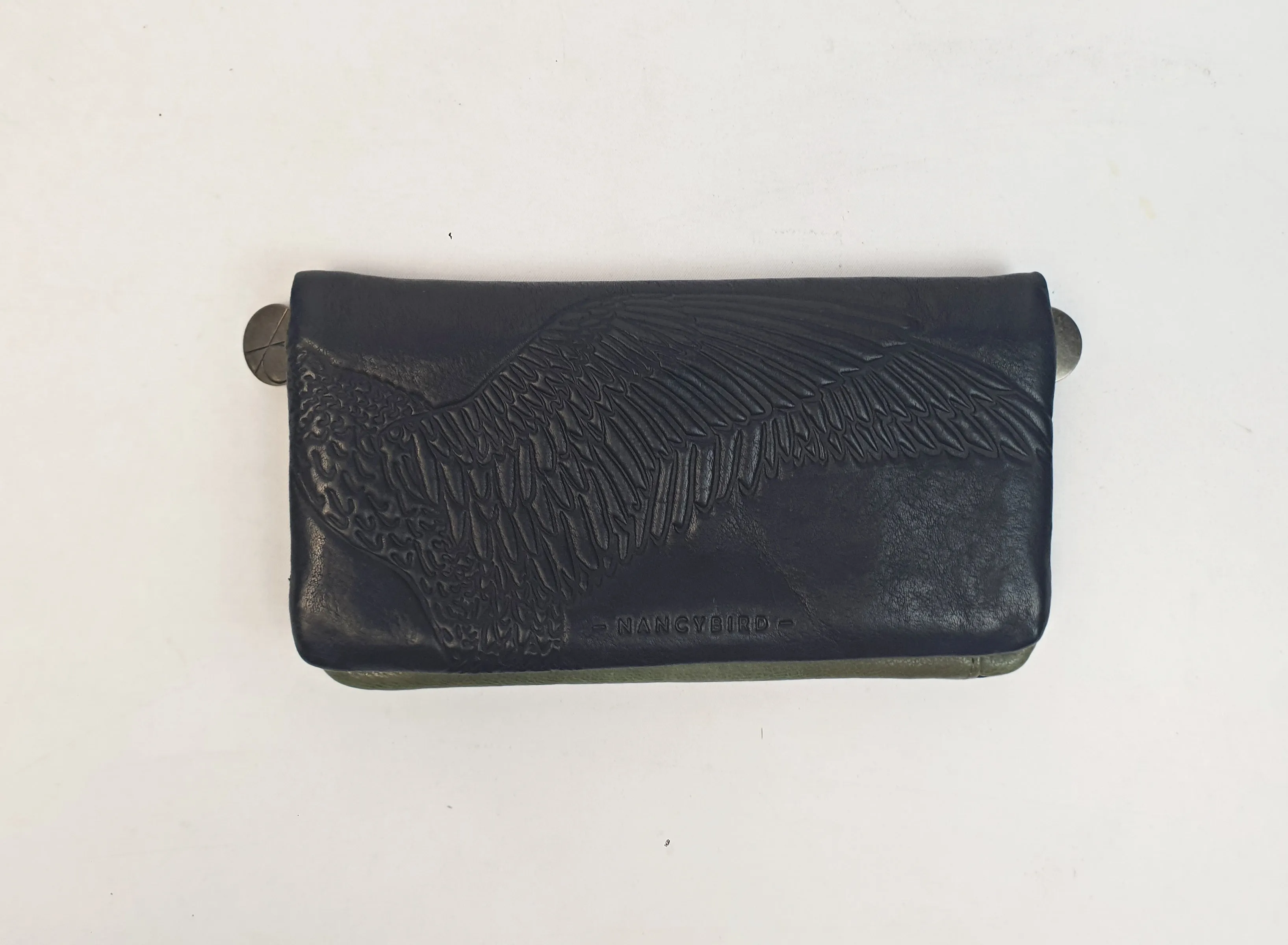 Nancybird black leather purse with subtle bird imprint