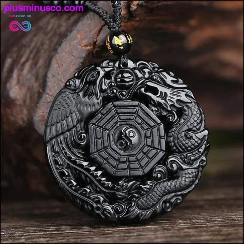 Natural Black Obsidian Hand Carved Chinese Dragon Phoenix