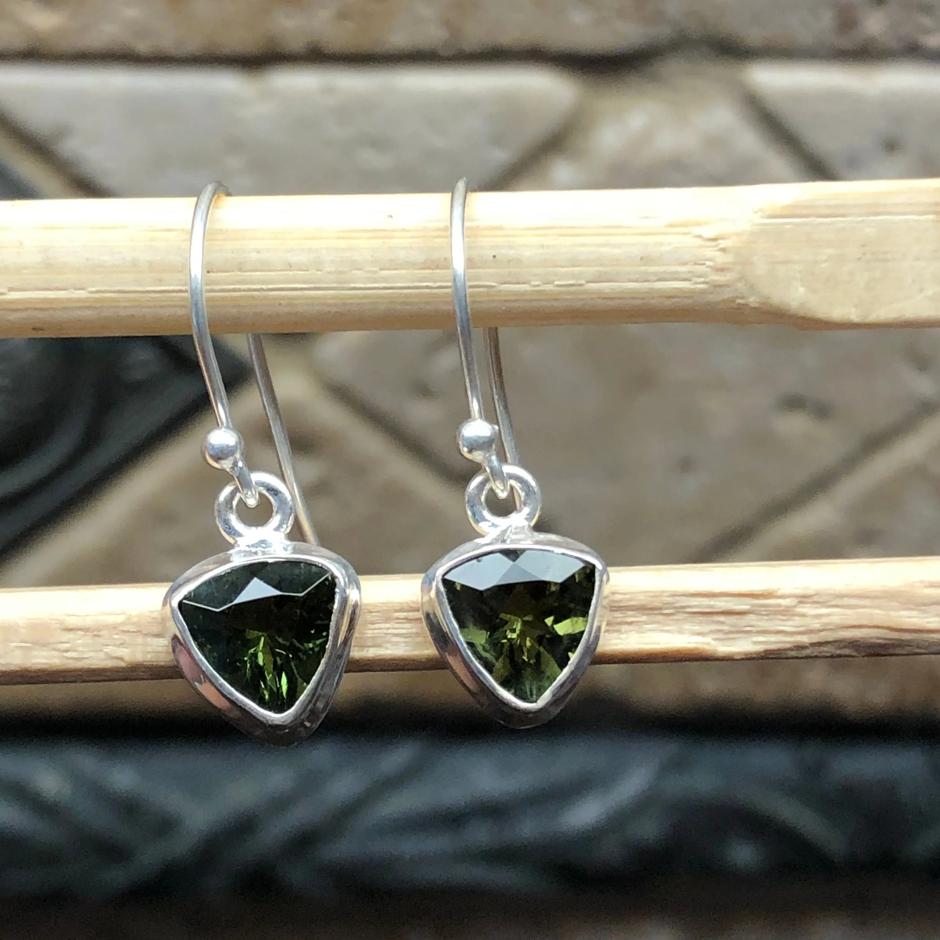 Natural Green Moldavite 925 Solid Sterling Silver Earrings 25mm
