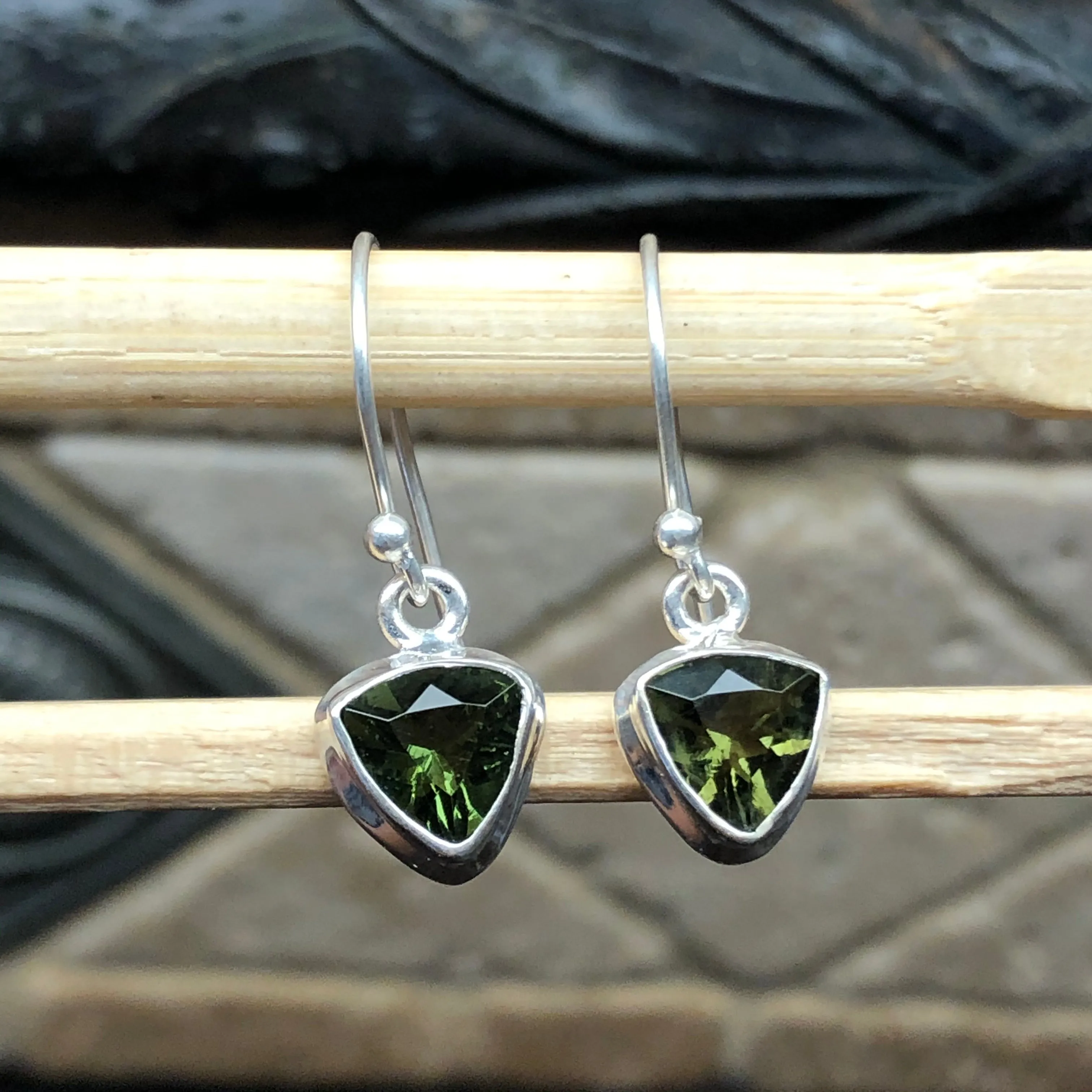 Natural Green Moldavite 925 Solid Sterling Silver Earrings 25mm