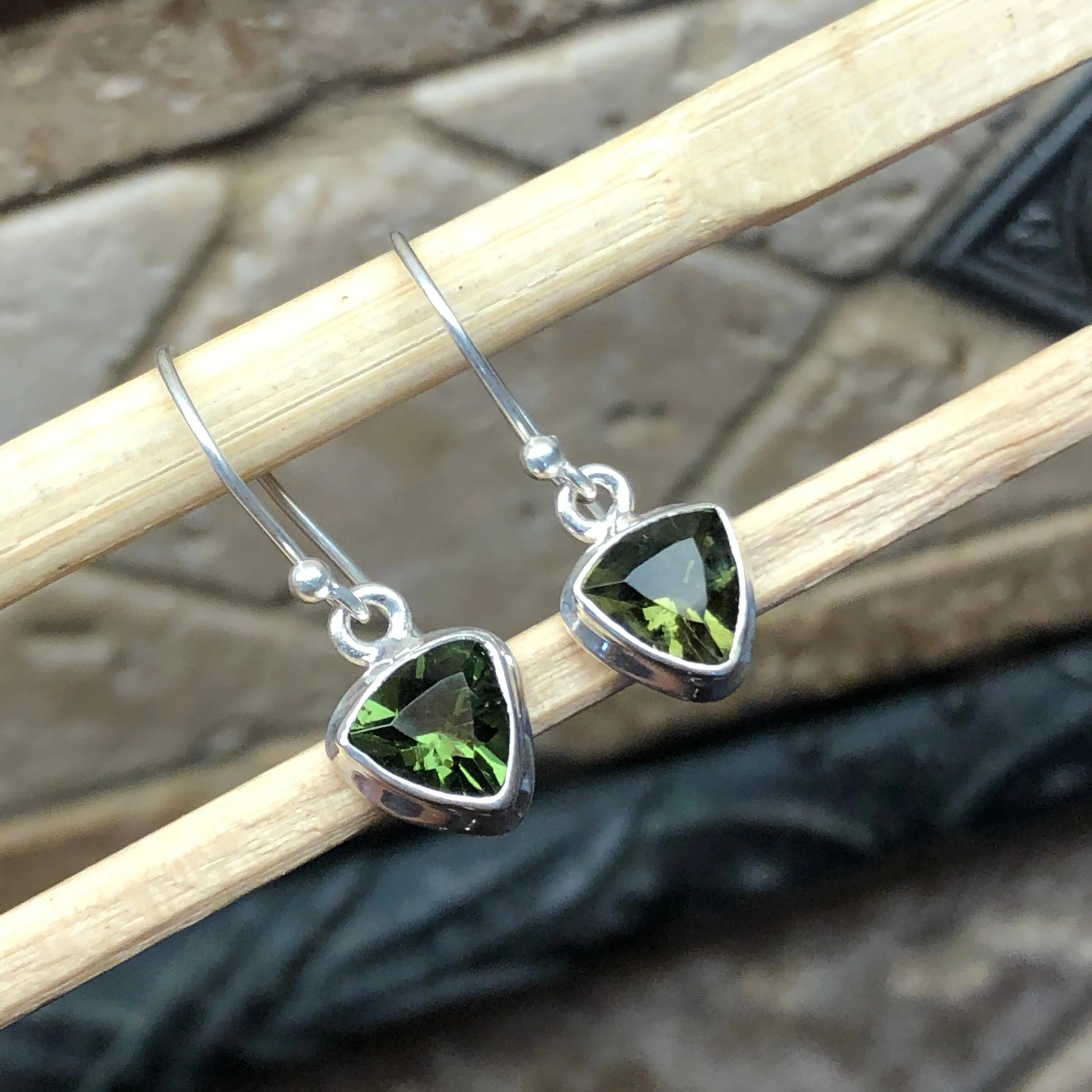 Natural Green Moldavite 925 Solid Sterling Silver Earrings 25mm