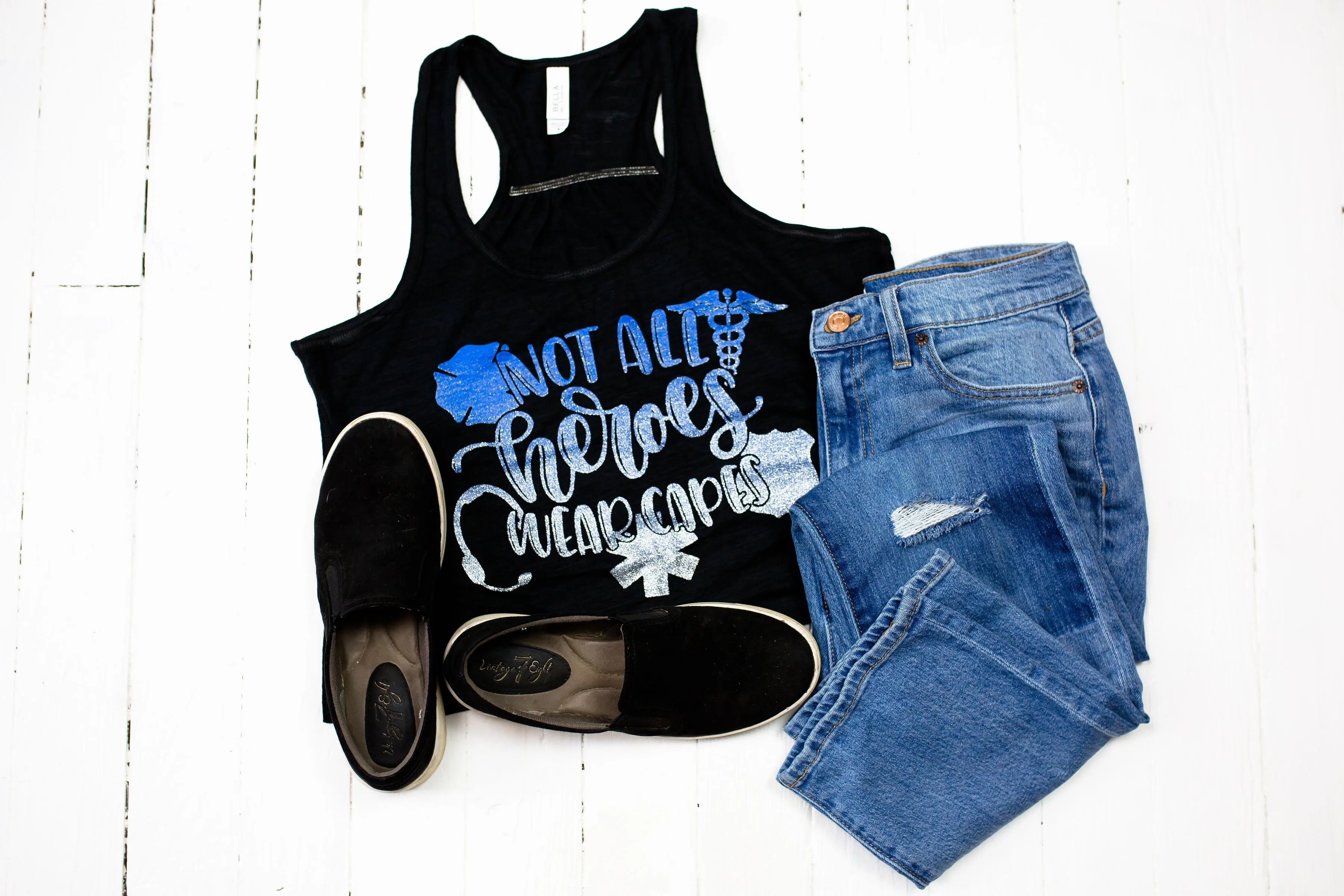 Not All Heroes Wear Capes © Flowy Racerback Top (Ombré Glitter)