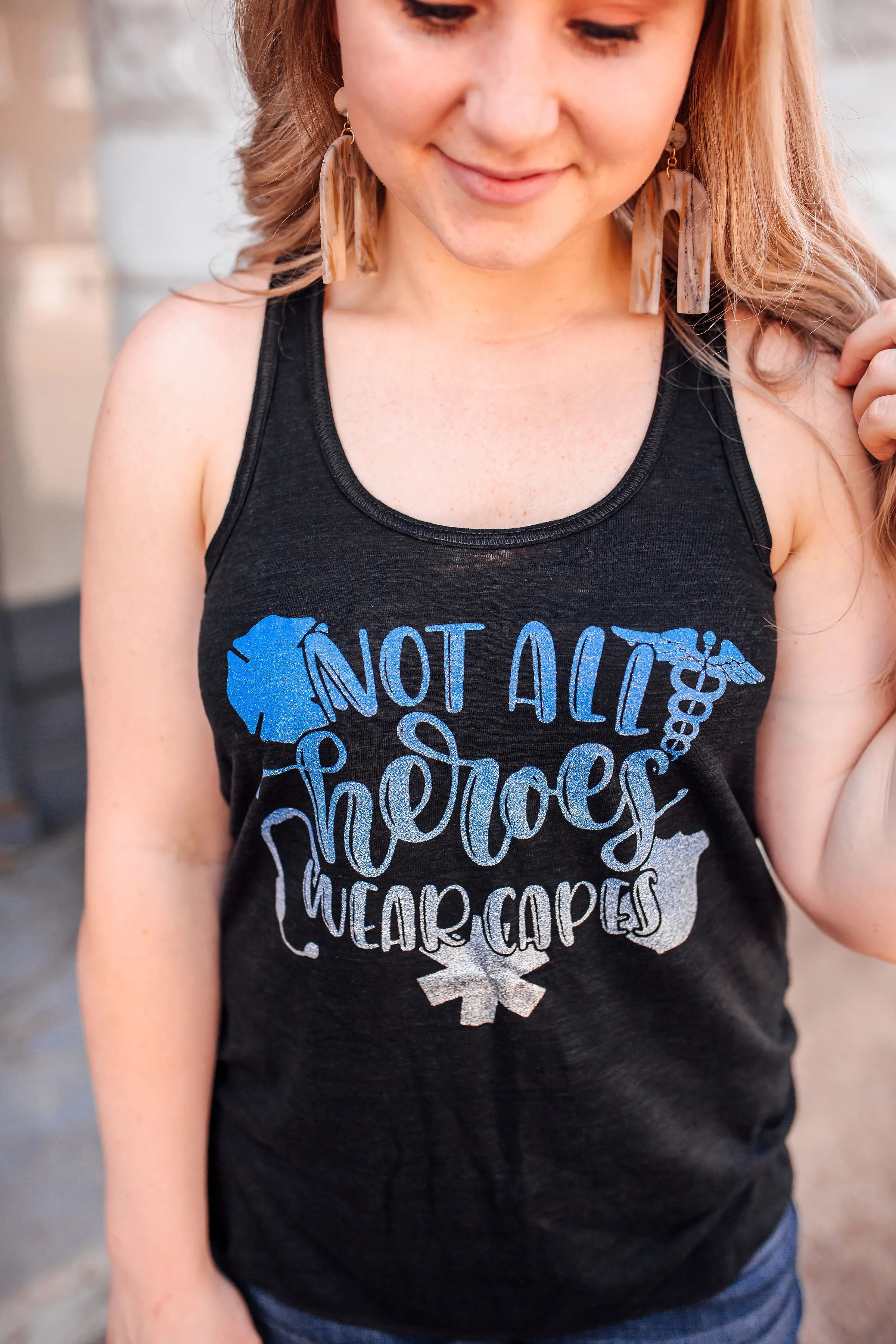 Not All Heroes Wear Capes © Flowy Racerback Top (Ombré Glitter)