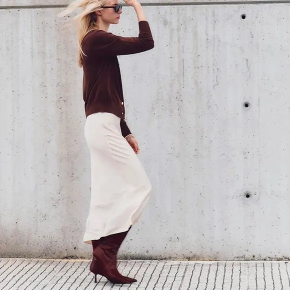 NWT Zara Cream Satin Midi Skirt