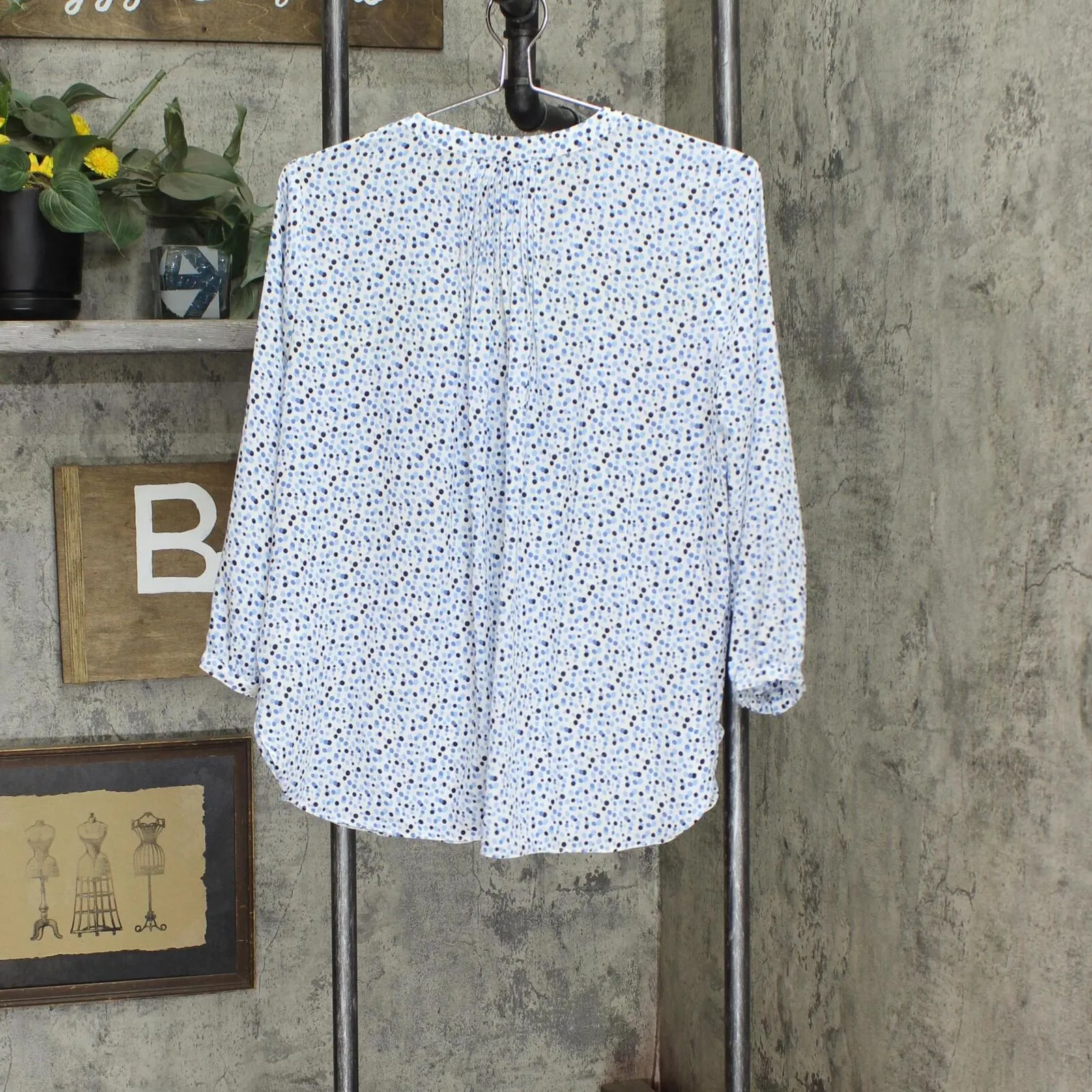 NYDJ Womens Blouse w/Pleated Back Piper Dots Blue S