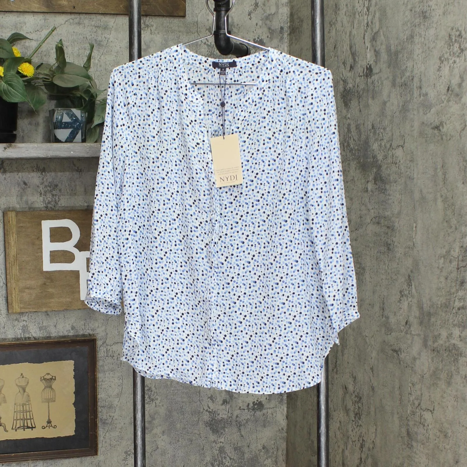 NYDJ Womens Blouse w/Pleated Back Piper Dots Blue S