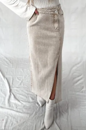 Oatmeal Asymmetric Arched Waistline Side Split Long Jean Skirt