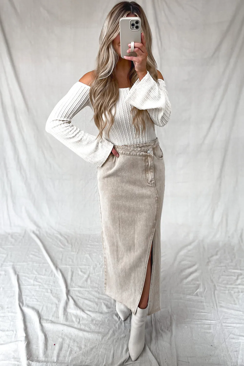Oatmeal Asymmetric Arched Waistline Side Split Long Jean Skirt