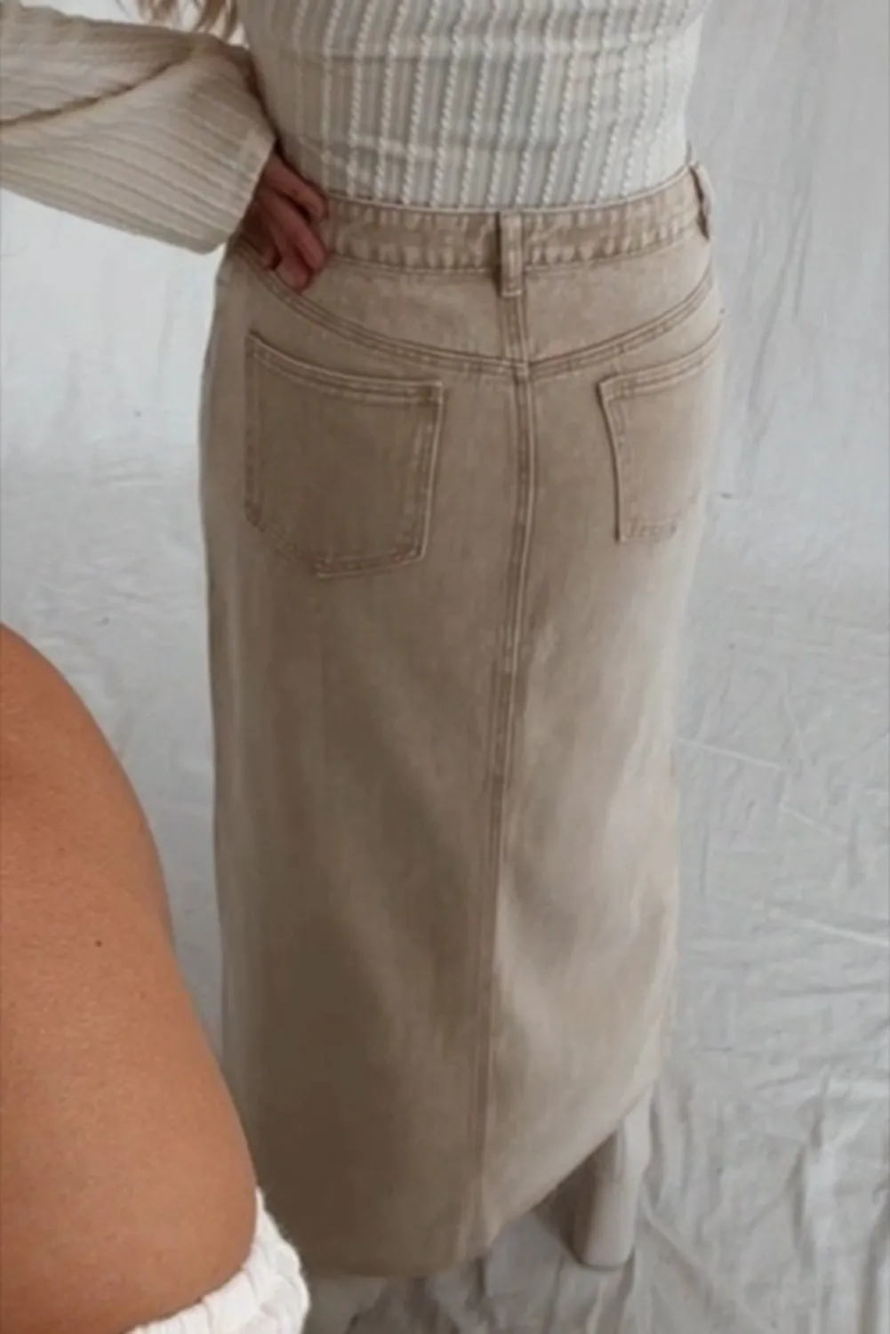 Oatmeal Asymmetric Arched Waistline Side Split Long Jean Skirt