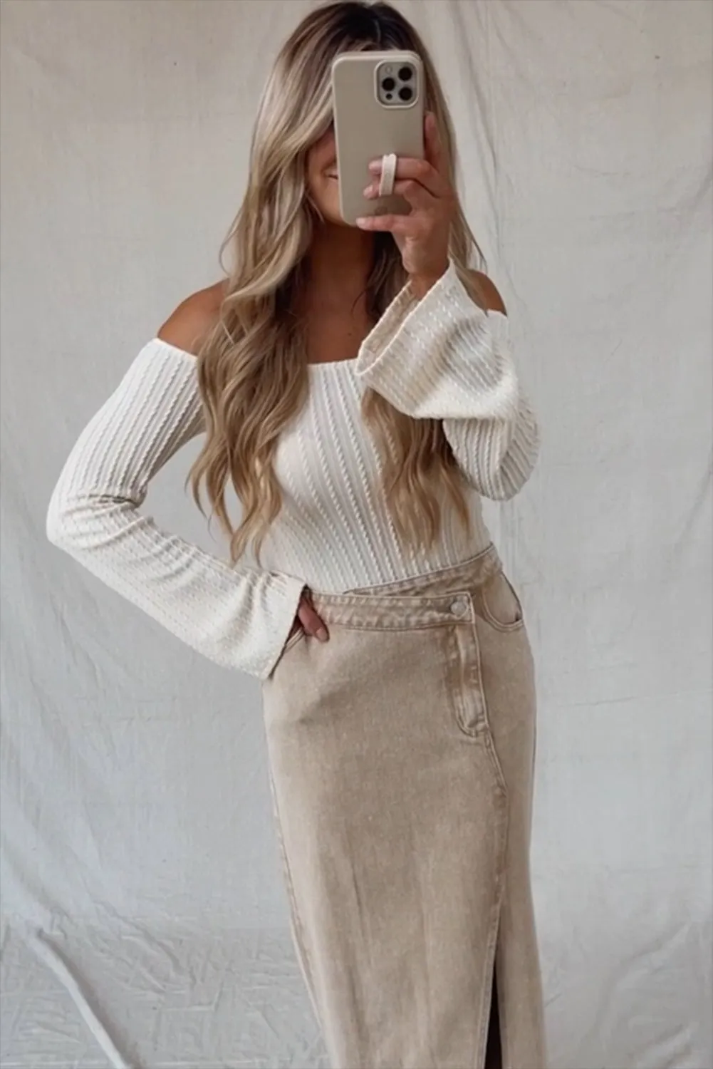 Oatmeal Asymmetric Arched Waistline Side Split Long Jean Skirt
