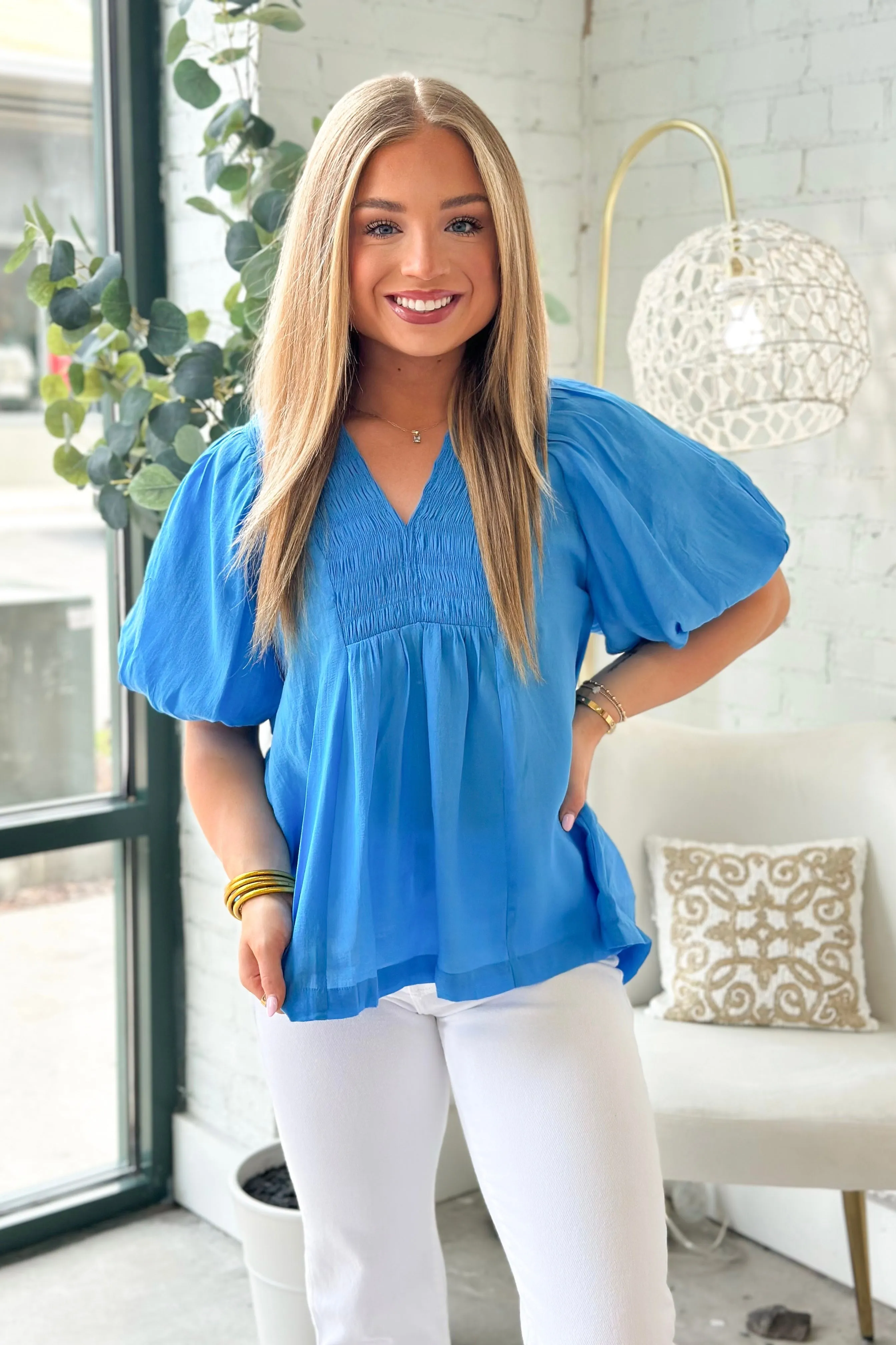 Ocean Smocked Detail Puff Sleeve Top