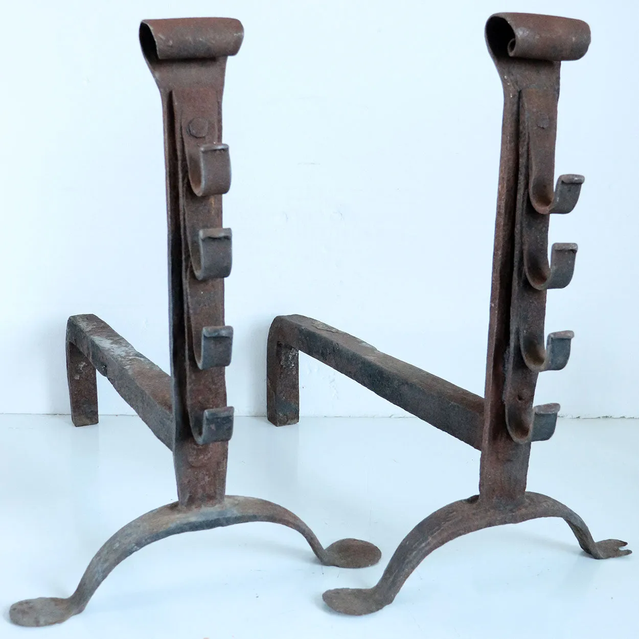 Pair of American/English Wrought Iron Cooking/Hearth Fireplace Andirons