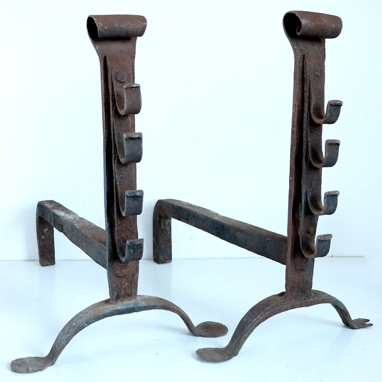 Pair of American/English Wrought Iron Cooking/Hearth Fireplace Andirons