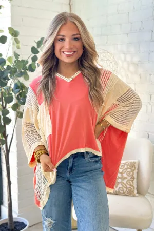 Peach Echo Knit Detail Short Sleeve Top