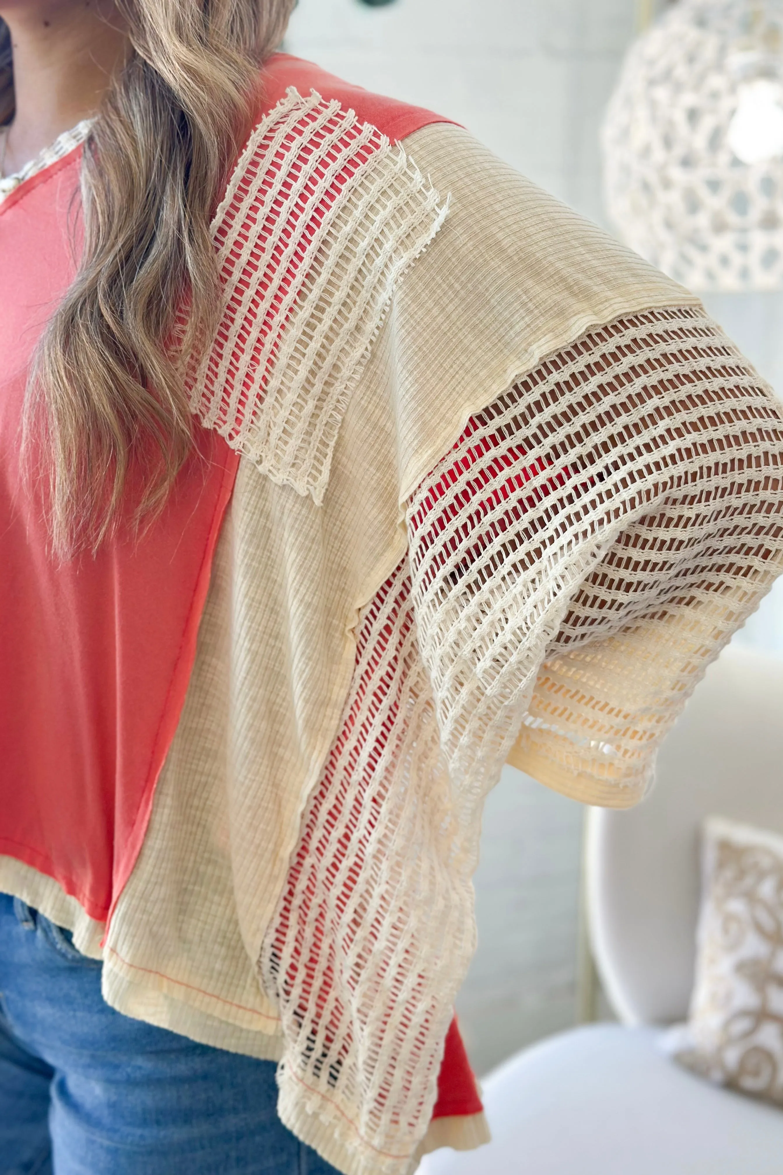Peach Echo Knit Detail Short Sleeve Top