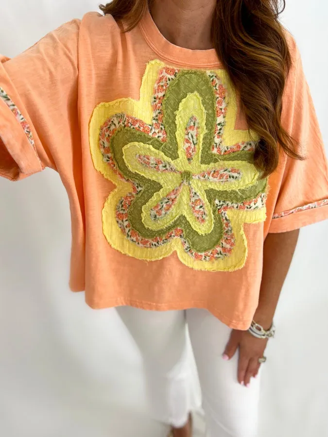 Peach Short Sleeve Flower Patch Top