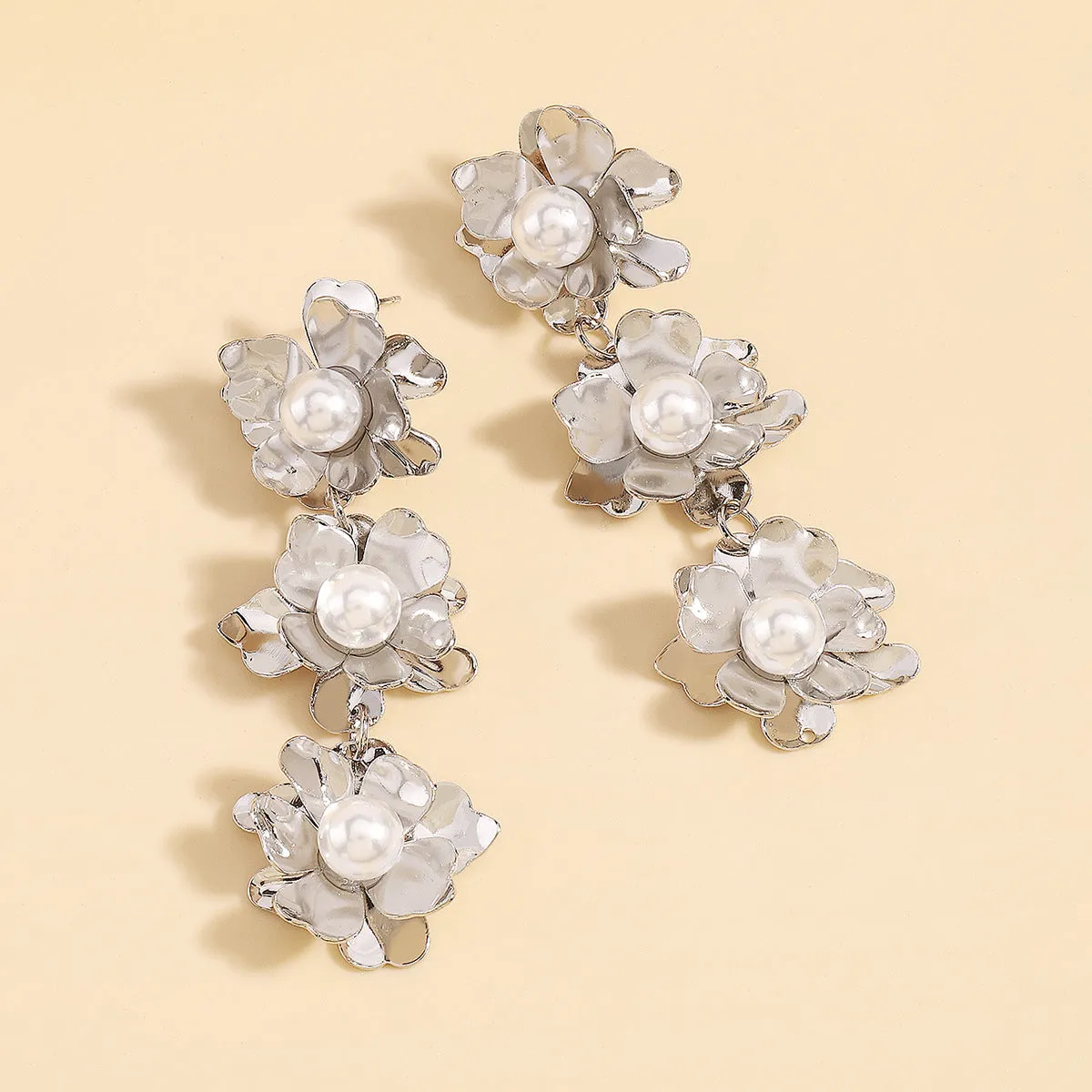 Pearl & Silver-Plated Linked Flower Drop Earrings