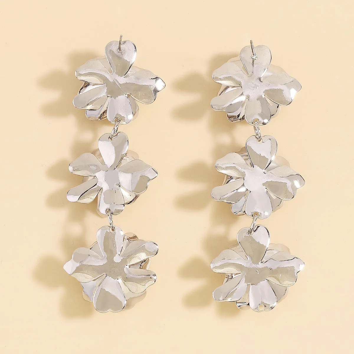 Pearl & Silver-Plated Linked Flower Drop Earrings